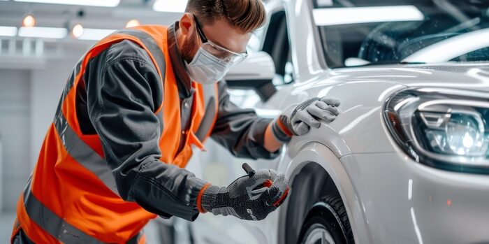 Skilled automotive technician expertly painting car body in top-notch repair service paint chamber