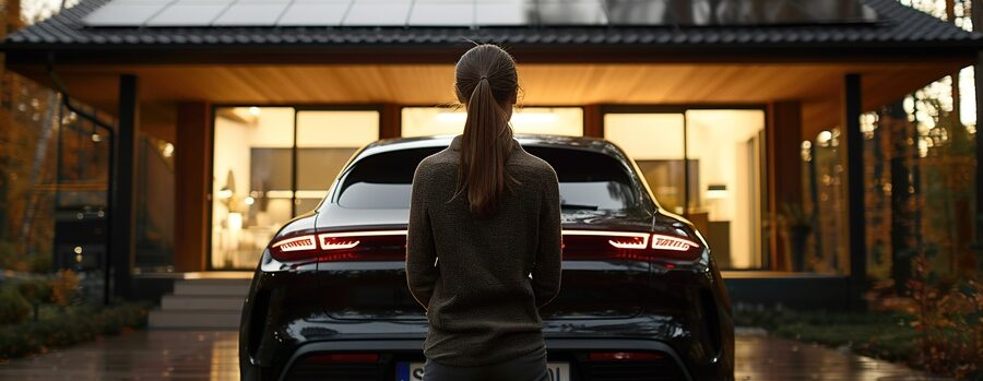 A woman stands in front of a black car